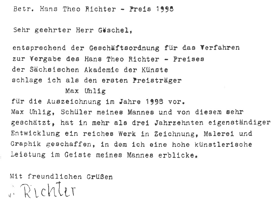 Schreiben Hildegard Richters vom 9.4.1998 an Eberhard Göschel, Sekretär der Klasse Bildende Kunst der SAK; Archiv der SAK Schreiben Hildegard Richters vom 9.4.1998 an Eberhard Göschel, Sekretär der Klasse Bildende Kunst der SAK; Archiv der SAK