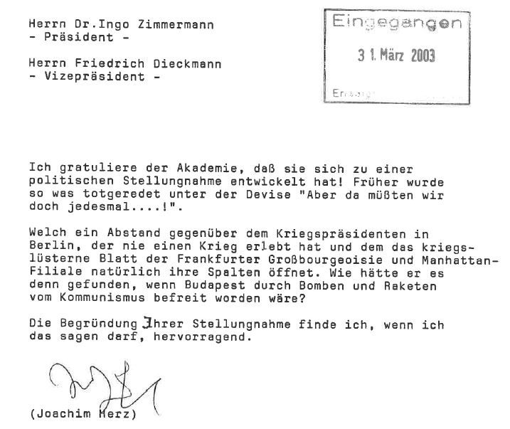 Ausschnitt aus dem Schreiben von Joachim Herz © SAK-Archiv Ausschnitt aus dem Schreiben von Joachim Herz © SAK-Archiv
