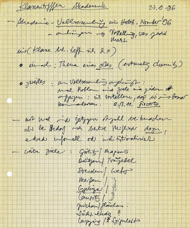 Tagungsnotizen des Architekten Carlo Weber, 1996, Foto: Archiv der SAK Handschriftliche Tagungsnotizen des Architekten Carlo Weber, 17.9.1996
